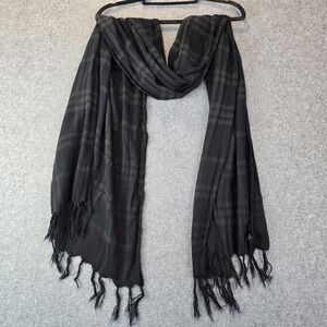 Maurices Wrap Scarf Womens Black Gray Plaid Rayon Linen Fringe Rectangle Winter